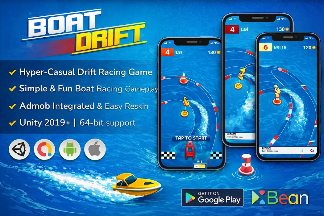 Boat Drift Unity Game Source Code – Hyper Casual Racing Game Template