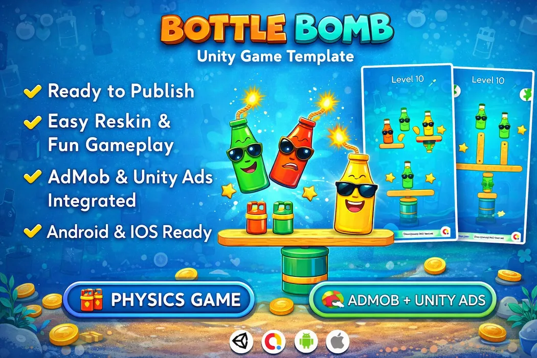 Bottle Bomb Unity Game Template – Hyper Casual Physics Game with AdMob