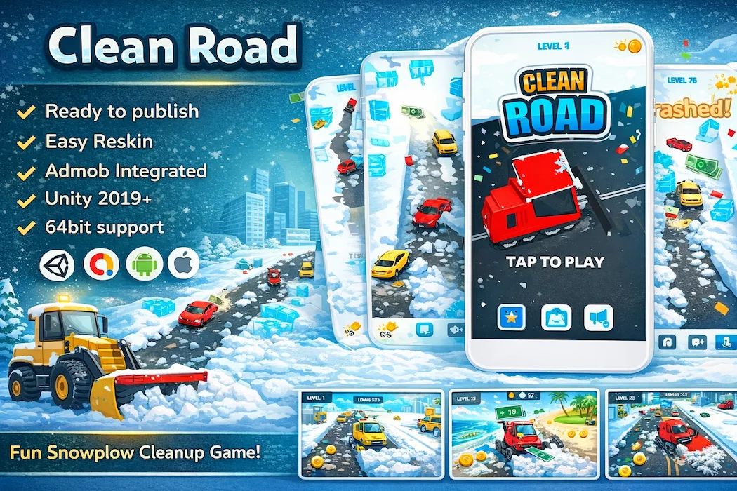 Clean Road Unity Game Template – Hyper Casual Car Cleaning Game with AdMob