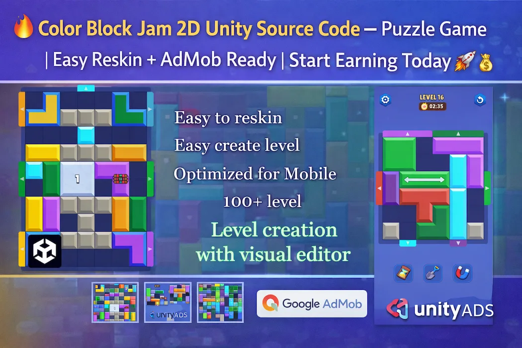 Color Block Jam 2D Unity Source Code – Addictive Puzzle Game  Easy Reskin