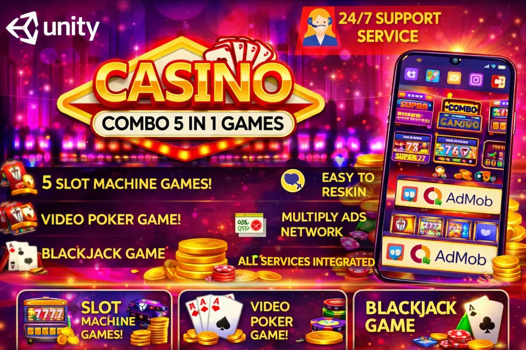 Combo Casino Unity Game – 5 in 1 Slot, Poker & Blackjack Template