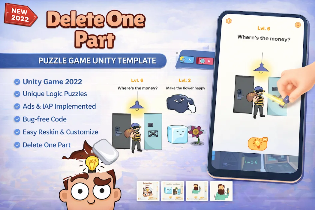 Delete One Part Puzzle Game – Fun Brain Teaser Unity Game Template