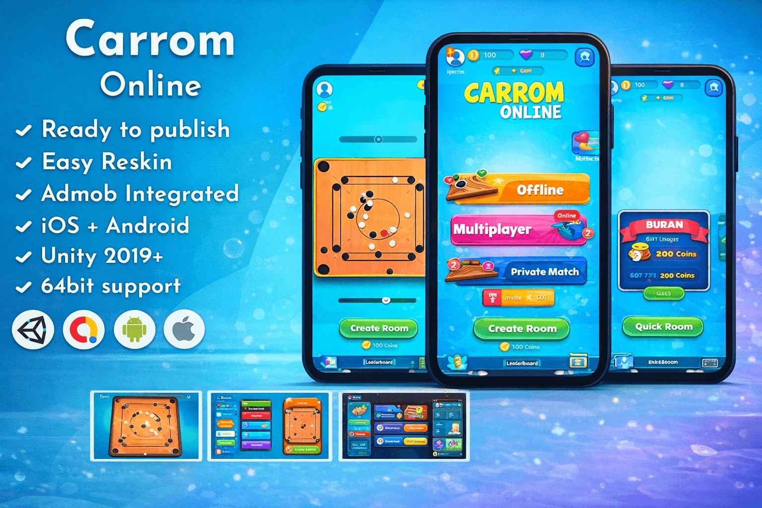 Download Carrom Online Unity Source Code  iOS & Android Game with AdMob