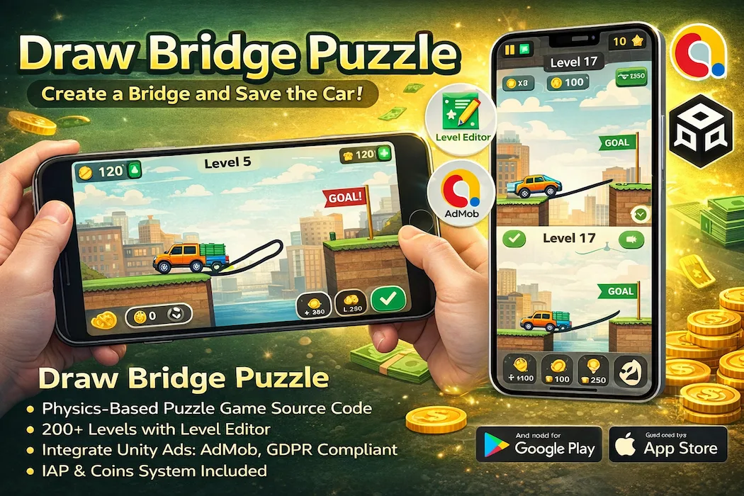 Draw Bridge Puzzle Unity Game Source Code – Physics-Based Car Bridge Game