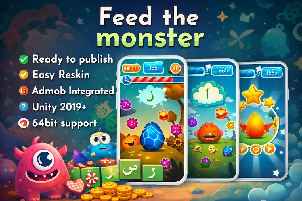 Feed the Monster Unity Game – Learn Arabic Educational Game Template
