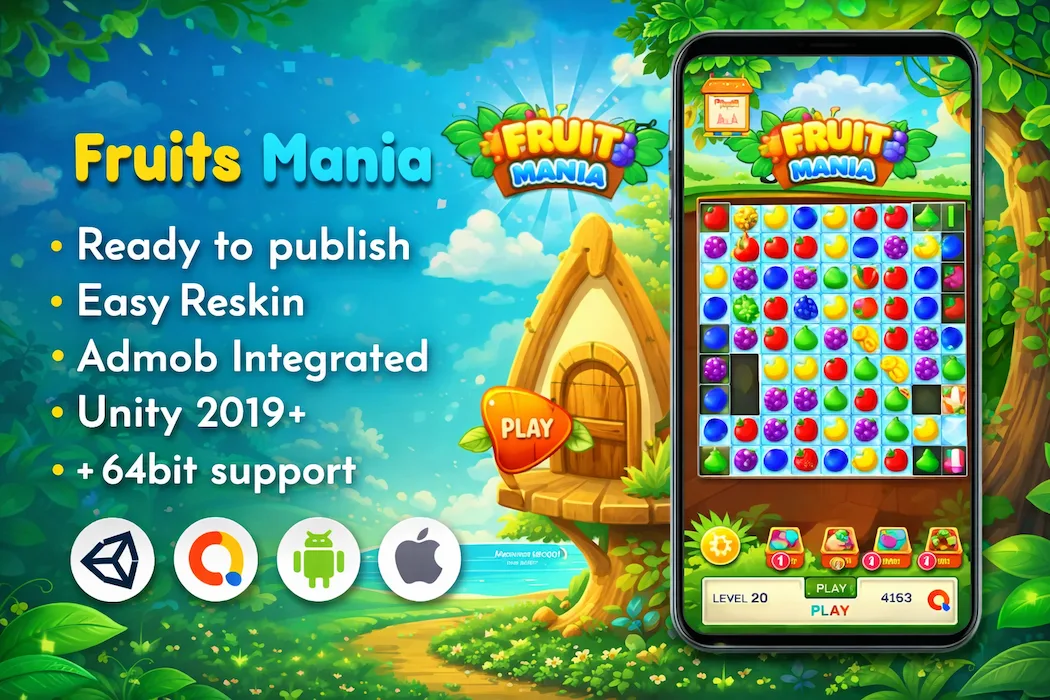 Fruit Mania Match 3 Game Unity Template with AdMob – Ready to Publish