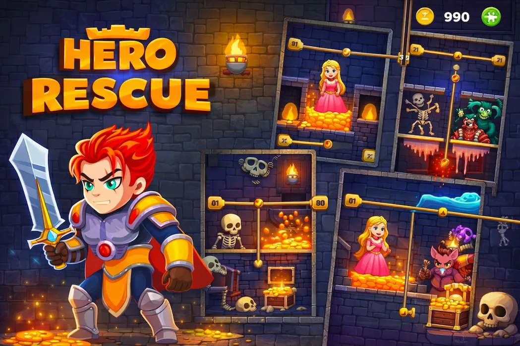 Hero Rescue Pull the Pin – Puzzle Adventure Mobile Game UI Design