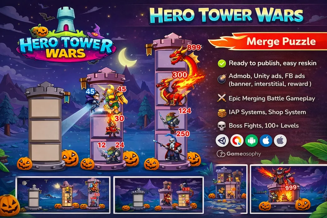 Hero Tower Wars Unity Game – Merge Puzzle Strategy Game with AdMob