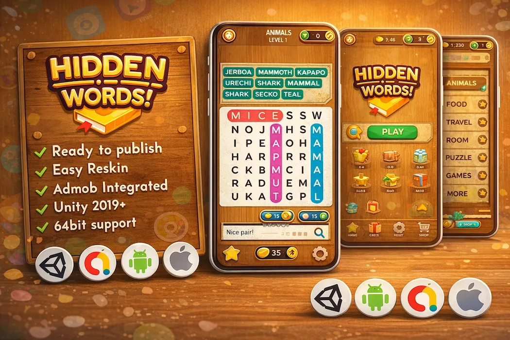 Hidden Words Unity Game Template  Easy Reskin Word Puzzle with AdMob Support