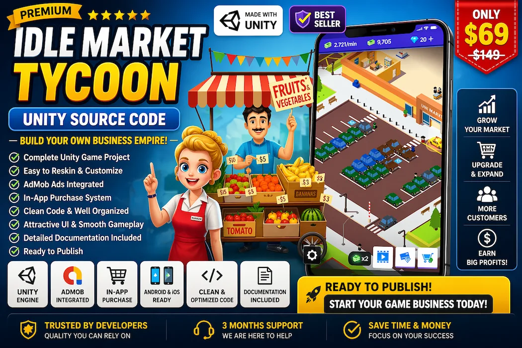 Idle Market Tycoon Unity Source Code – 3D Idle Business Game with AdMob Integration