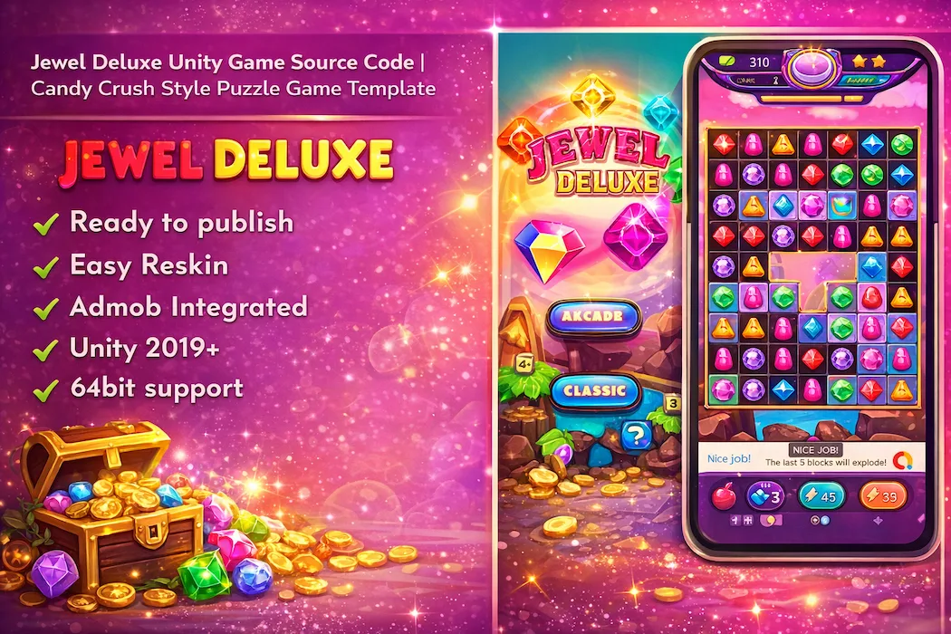 Jewel Deluxe Game Unity Source Code  Candy Crush Style Puzzle Game Template