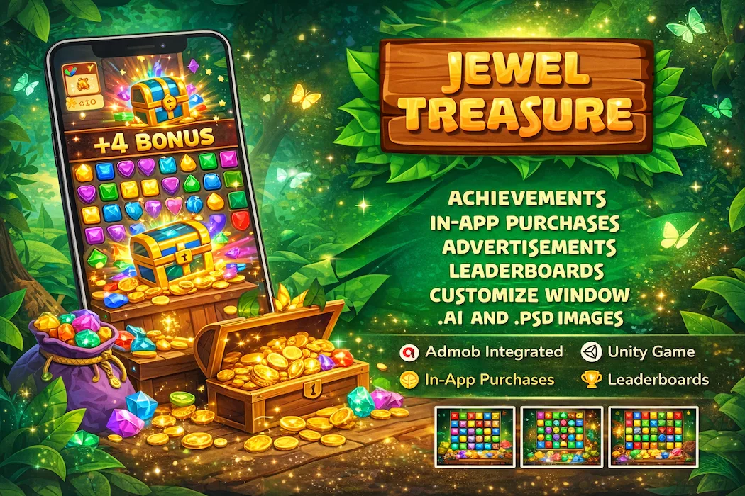 Jewel Treasure Match 3 Unity Game Source Code with AdMob & IAP