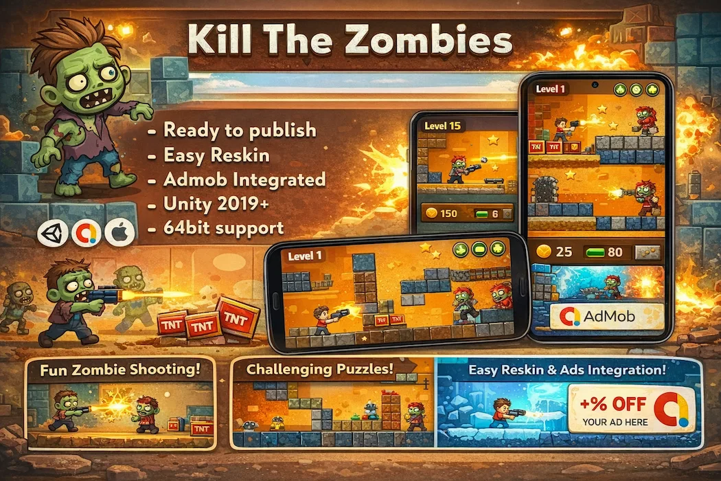 Kill The Zombies Unity Game Template – Action Shooting Game with AdMob