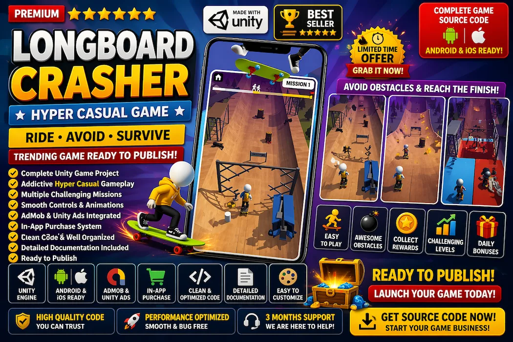 Longboard Crasher Game Source Code Trending Hyper Casual Unity Game