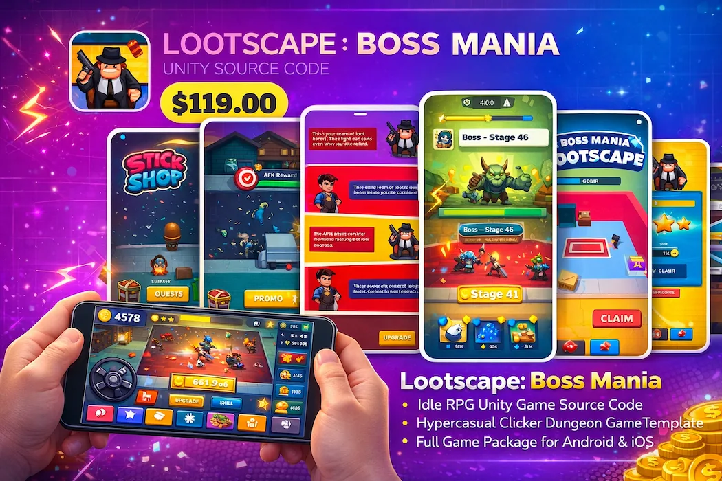Lootscape Boss Mania Unity Game Source Code – Idle RPG Clicker Mobile Game