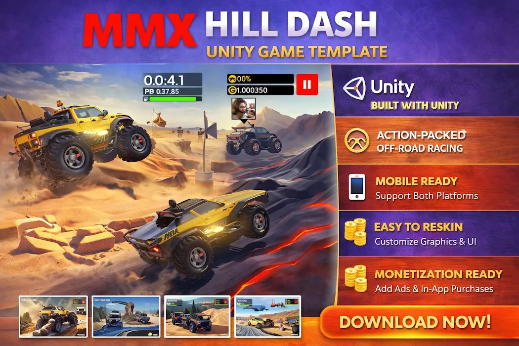 MMX Hill Dash – Off-Road Racing Unity Game Template 3D Car Driving Game