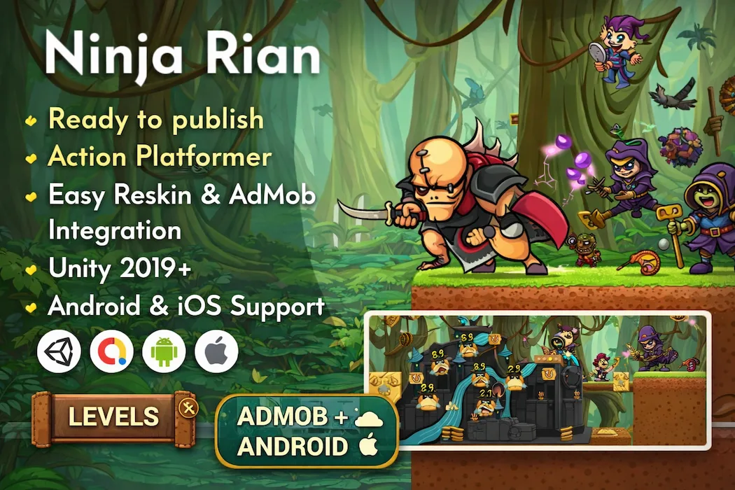 Ninja Rian Unity Game Template – Action Platformer with AdMob Integration