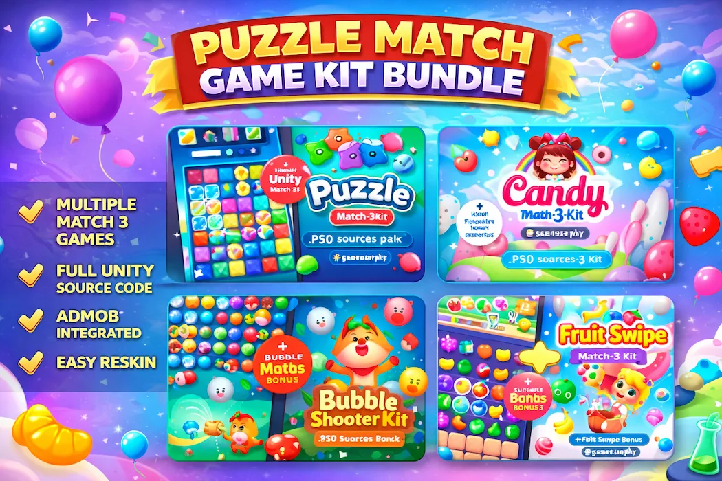 Puzzle Match Game Kit Bundle – Unity Match 3 Game Source Code Pack