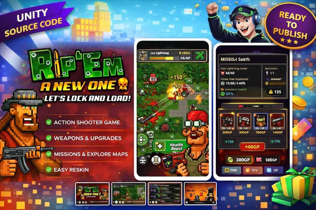 Rip ‘Em A New One Unity Source Code – Pixel Shooter Game with Missions