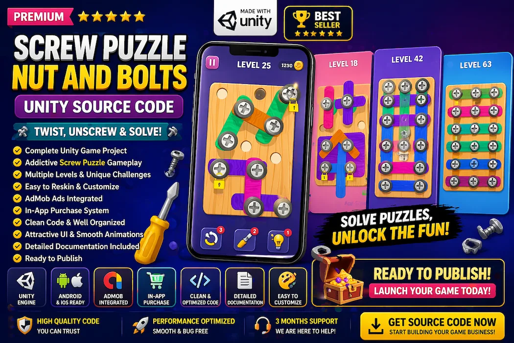 Screw Puzzle Nut & Bolts Unity Source Code – Complete Puzzle Game with Ads & IAP