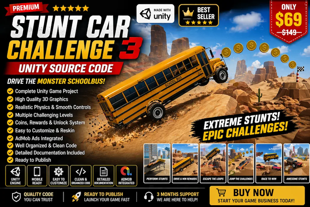 Stunt Car Challenge Unity Source Code – Extreme Car Game with AdMob & IAP