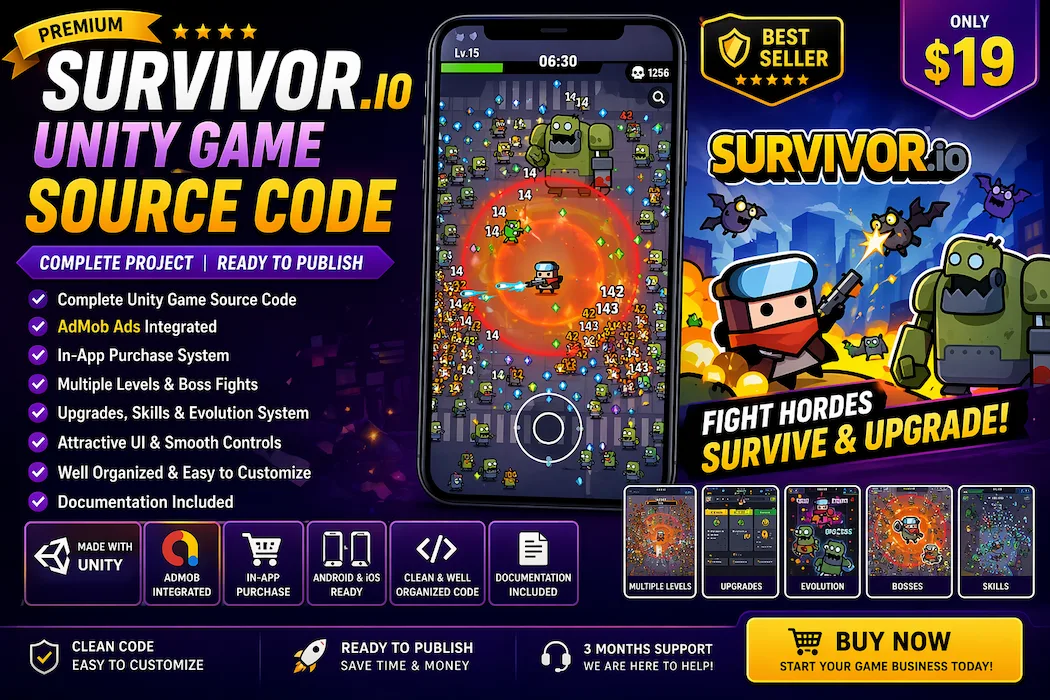Survivor.io Unity Source Code – Complete Game with Ads & In-App Purchase