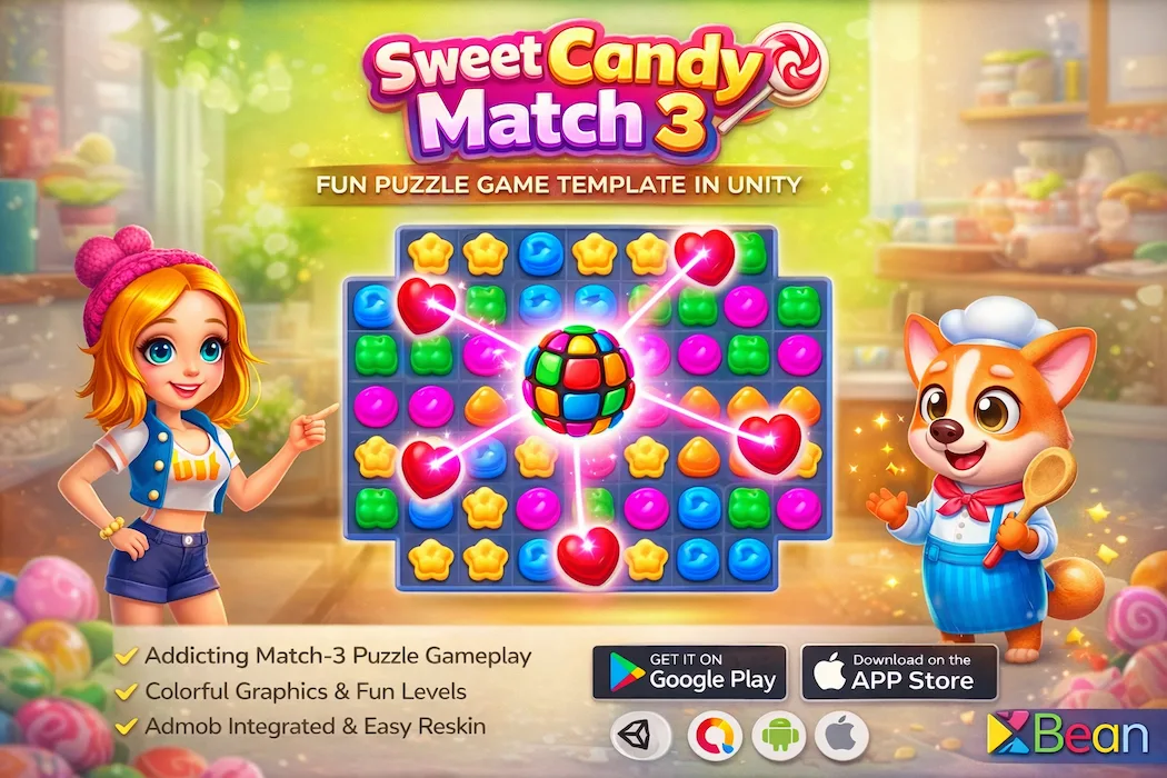 Sweet Candy Match 3 Unity Game Source Code – Puzzle Game Template