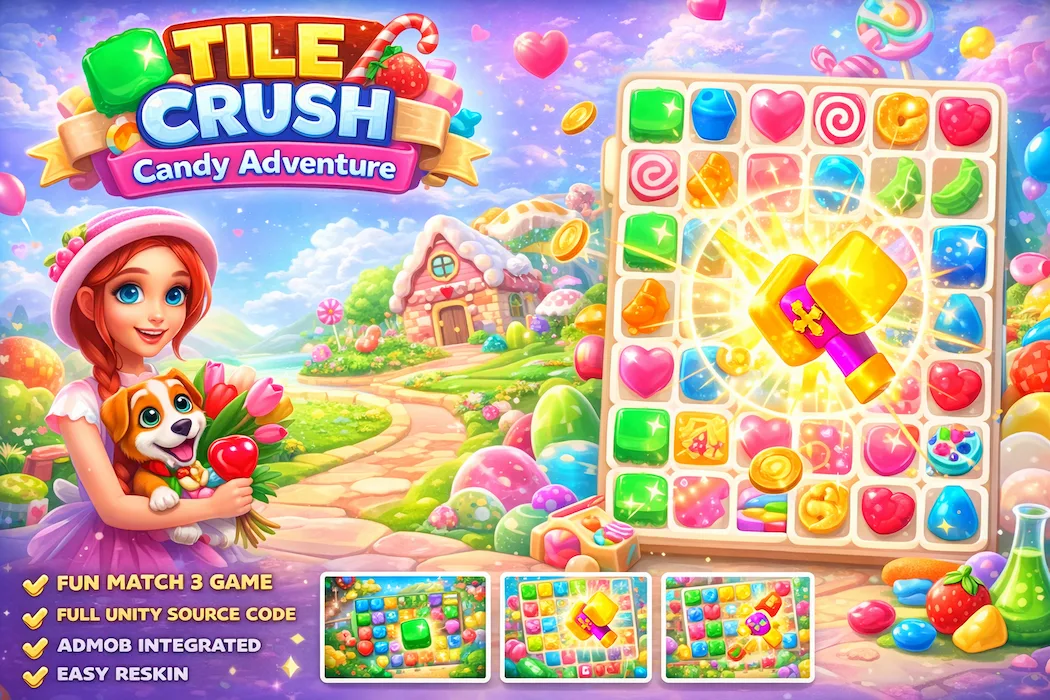 Tile Crush Candy Adventure Unity Game Source Code – Complete Match 3 Game